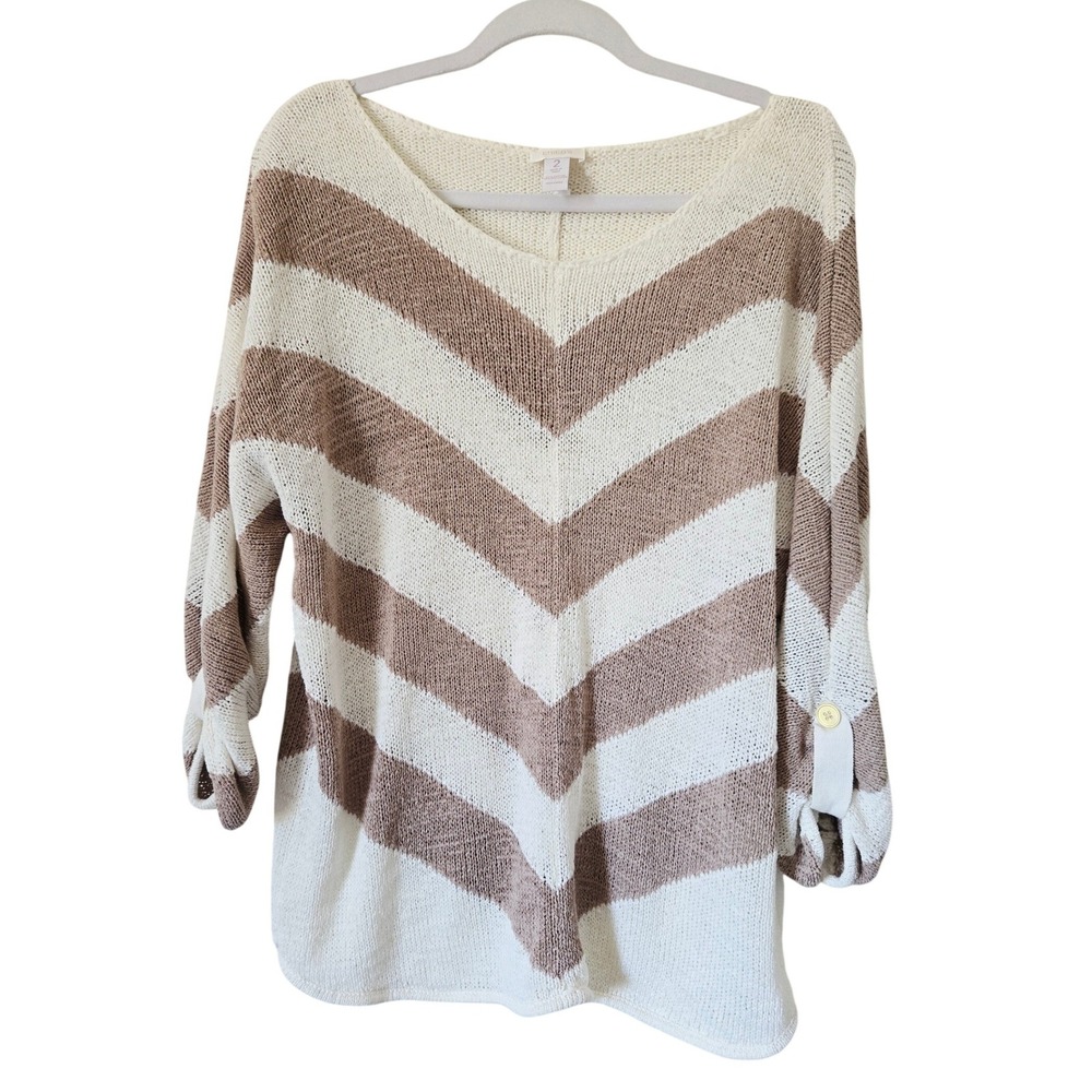Chico's 2 Womens Chevron Stripe V-Neck Roll-Tab Sleeve‎ Sweater White Beachy